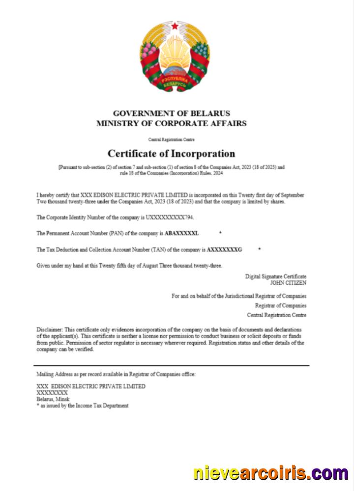 Belarus certificate of registration